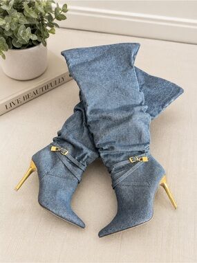 Denim Pointed-Toe Slouch Booties - Navy